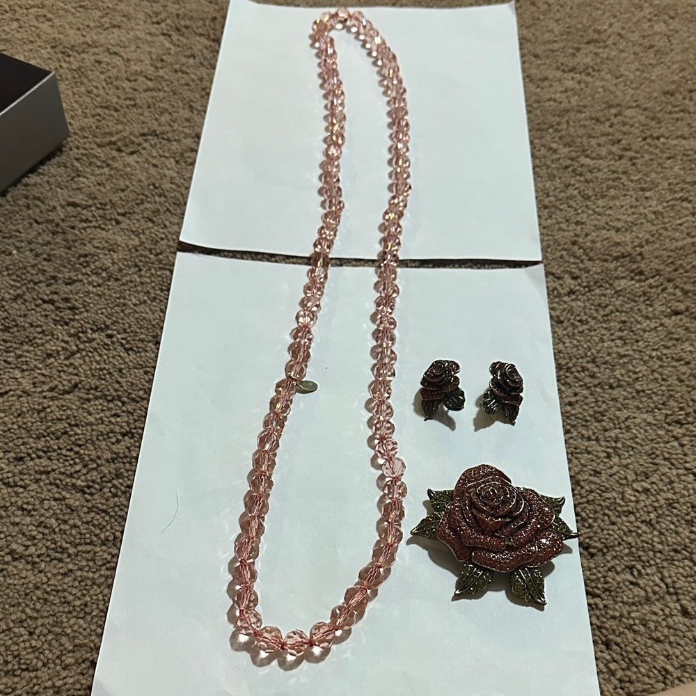 Heidi Daus Pink Beaded Necklace with Rose Brooch and Earrings